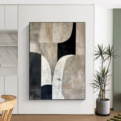 Hand-Painted Black, White, and Beige Abstract Geometric Shape Painting For Sale HS062
