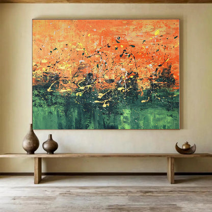 Oversized Canvas Art Orange and Green Abstract Splatter Painting WB053