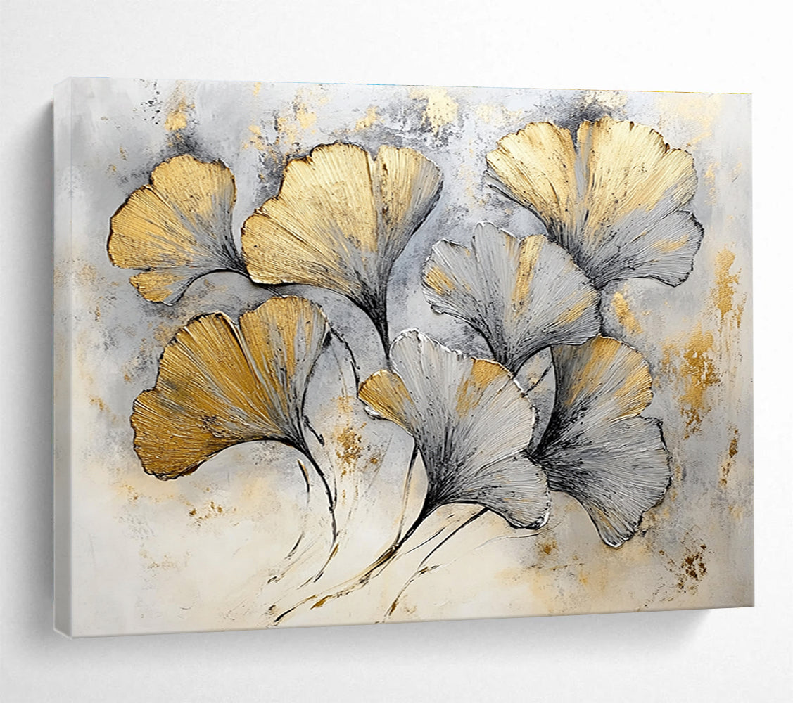 Hand Paintings with Gold, Gray and White Colors, Ginkgo Leaf Theme Abstract Art WB303