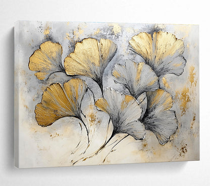 Hand Paintings with Gold, Gray and White Colors, Ginkgo Leaf Theme Abstract Art WB303