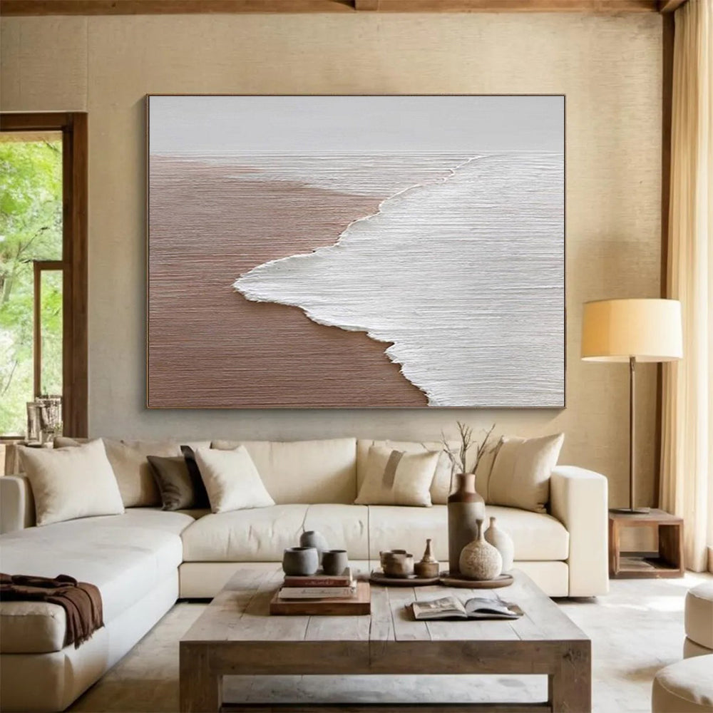 Horizontal Extra Large Size Brown and White Abstract Seaside Painting WB220