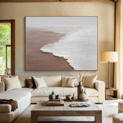 Horizontal Extra Large Size Brown and White Abstract Seaside Painting WB220