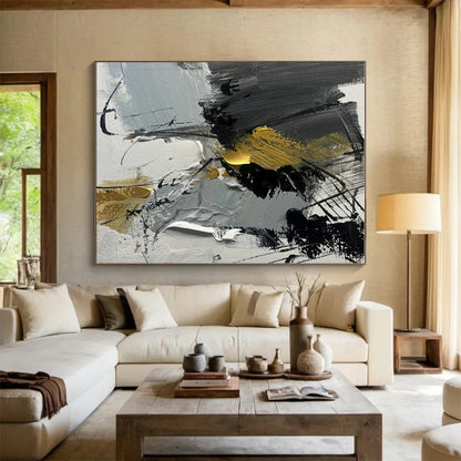 Oversized Abstract Wall Art with Gray, Black, White and Gold Colors, Energetic Abstract Theme HS466
