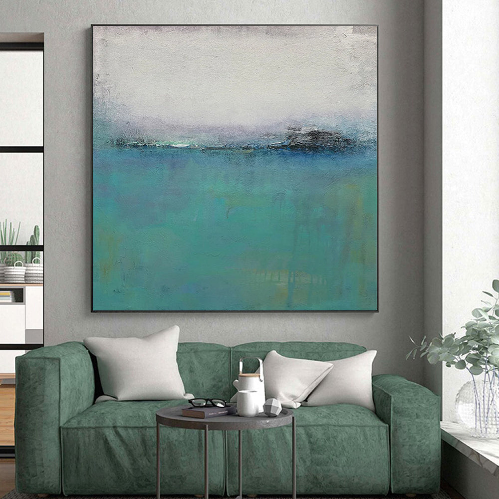 Hand-Painted Teal and Gray Abstract Misty Landscape Painting For Sale HS049
