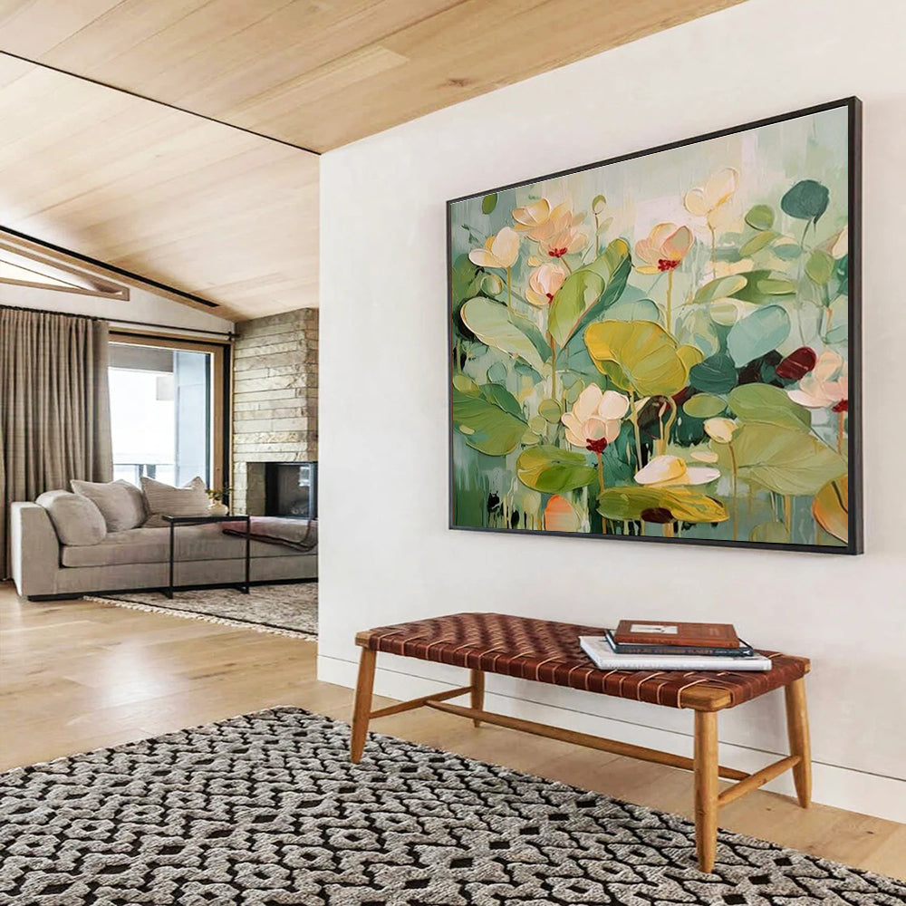 Hand Painted Art Soft Green and Beige Lotus Flowers Abstract Painting WB332