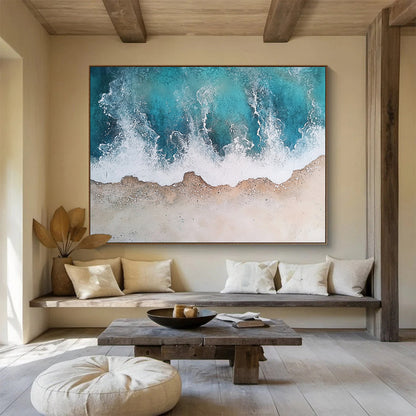Big Size Teal, White, and Beige Textured Abstract Seashore - Acrylic Painting WB290