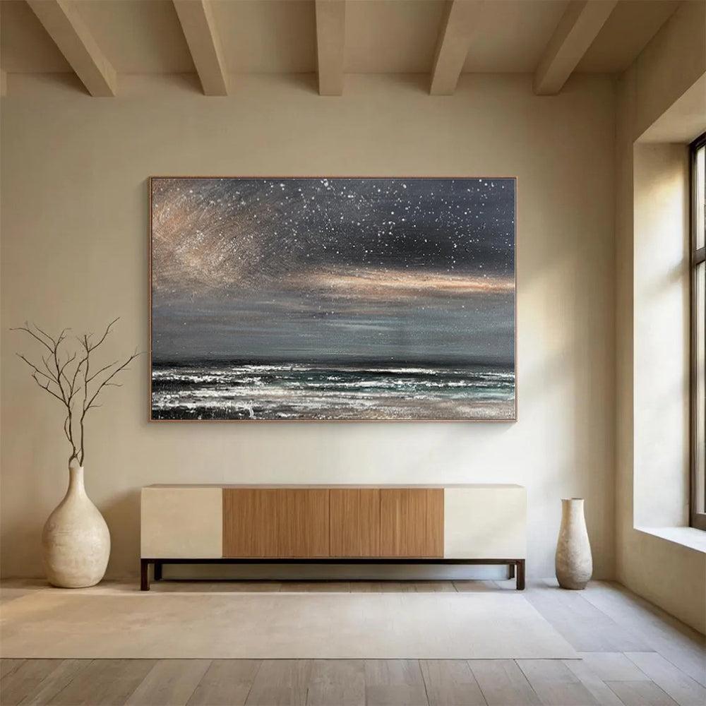 Gray, Black Abstract Starry Seascape Acrylic Painting WB035