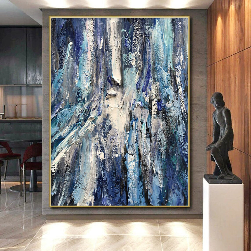 Large Contemporary Wall Art Blue and White Textured Abstract Art HS755