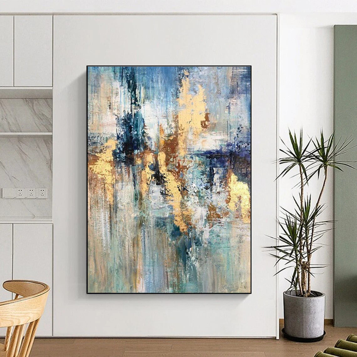 Hand Painted Art Blue & Gold Textured Abstract, Acrylic Modern Art Paintings HS440