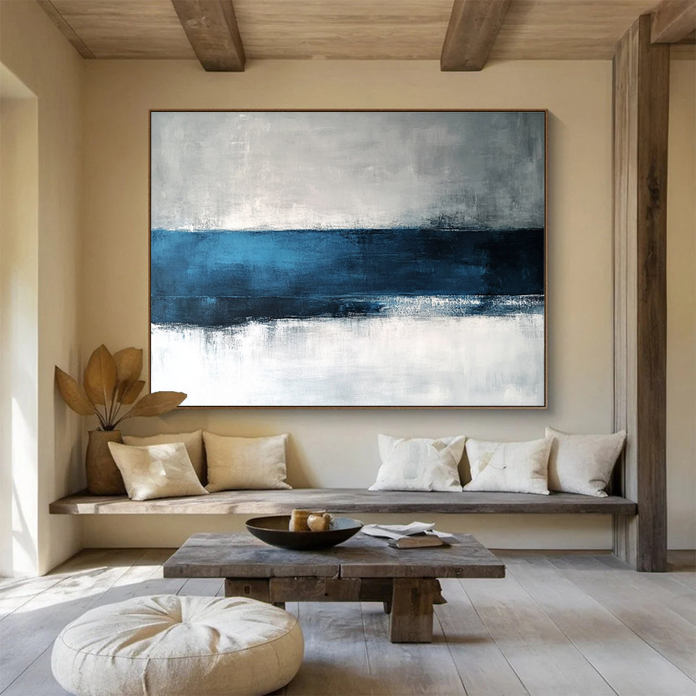 Big Size Blue, Gray, and White Abstract Minimalist Seascape - Acrylic Painting WB282