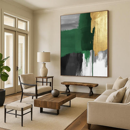 Handmade Art Green, Gold, and Gray Abstract Expressionist Art HS197
