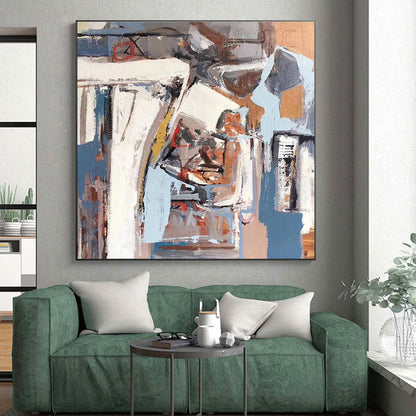 Hand Painted Art Gray, Blue & Terracotta Geometric Abstract, 48x60 Canvas Art HS215