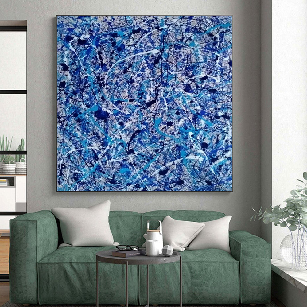 Cool Abstract Paintings Blue, White, and Black Splatter Abstract Art HS605