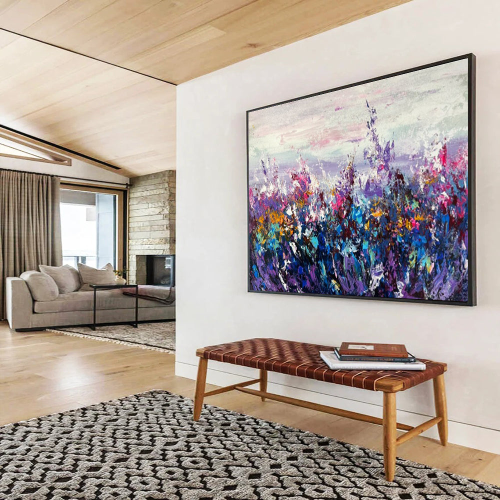 Hand Paintings: Purple Pink and Blue Floral Field Abstract Painting WB345