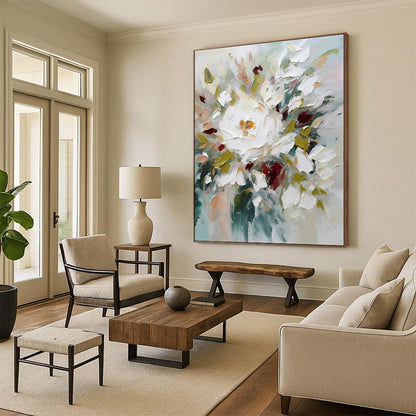 White, Red, and Green Abstract Floral Painting For Sale WS501