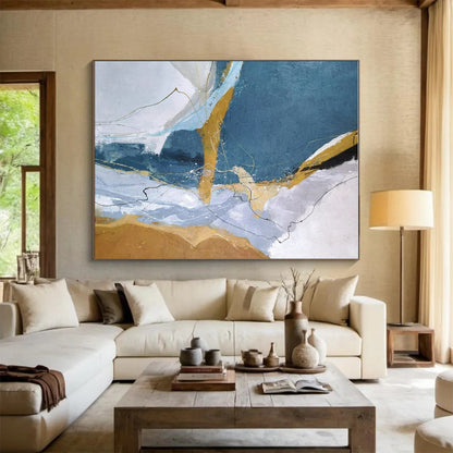 Hand Painted Art Blue, Gold, and Gray Textured Abstract Painting On Canvas HS807