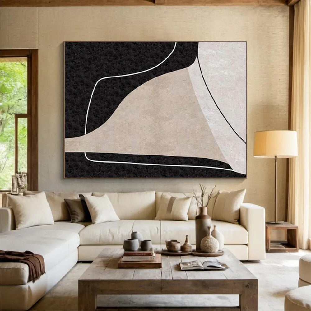 Minimalist Canvas Art Black, Beige, and White Organic Abstract Art HS712