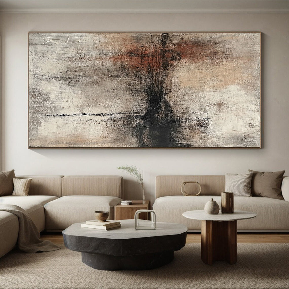 Hand-Painted Beige, Gray, and Black Abstract Textured Painting For Sale HS131