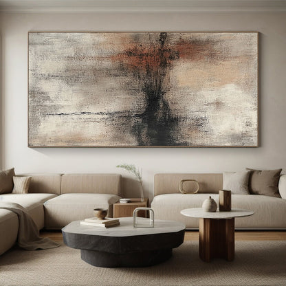 Hand-Painted Beige, Gray, and Black Abstract Textured Painting For Sale HS131