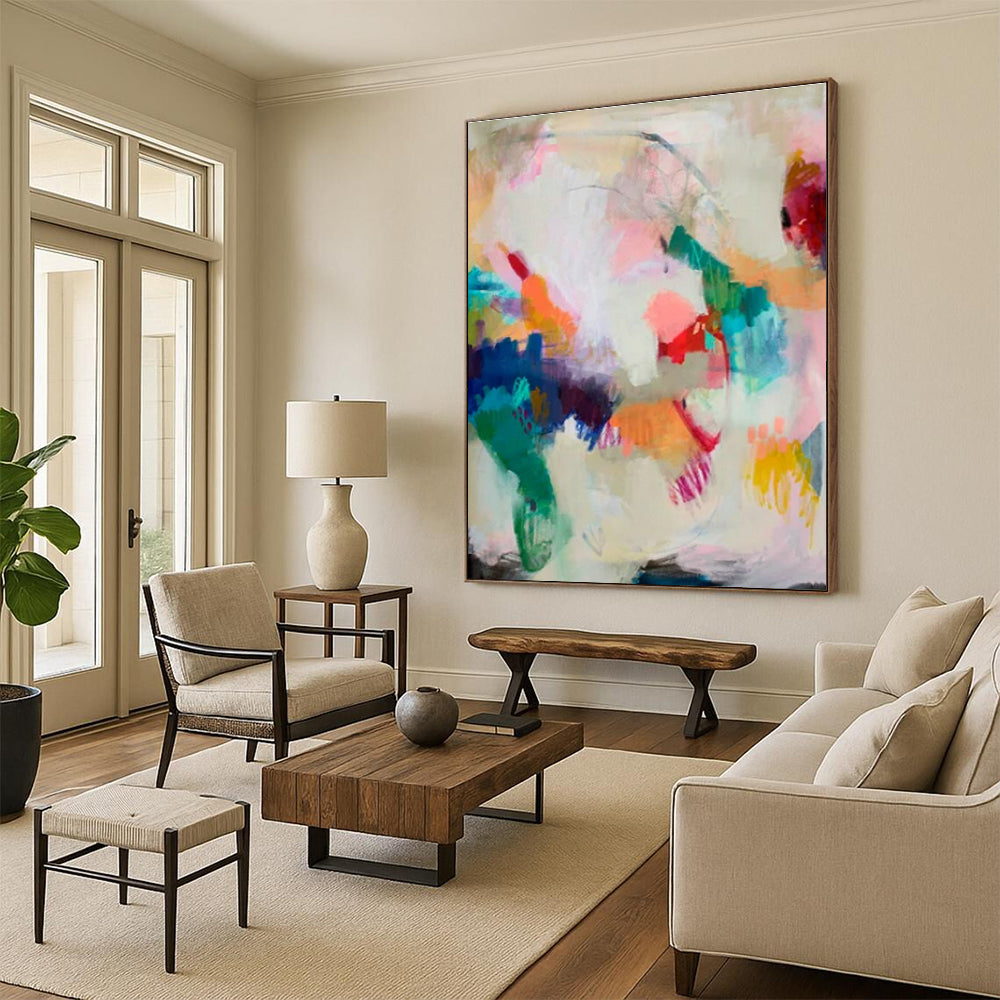 Hand Painted Art Colorful Abstract Acrylic Painting with Pink, Blue, Green, Yellow - Large Painting In Living Room HS516