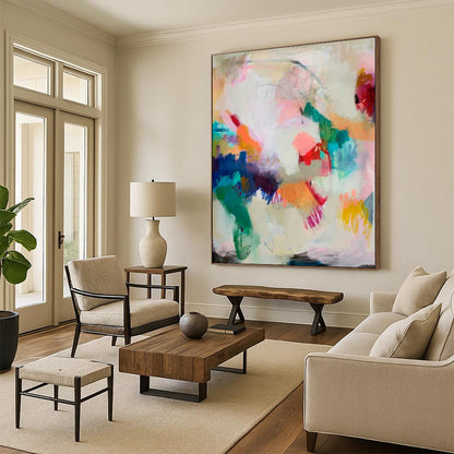 Hand Painted Art Colorful Abstract Acrylic Painting with Pink, Blue, Green, Yellow - Large Painting In Living Room HS516