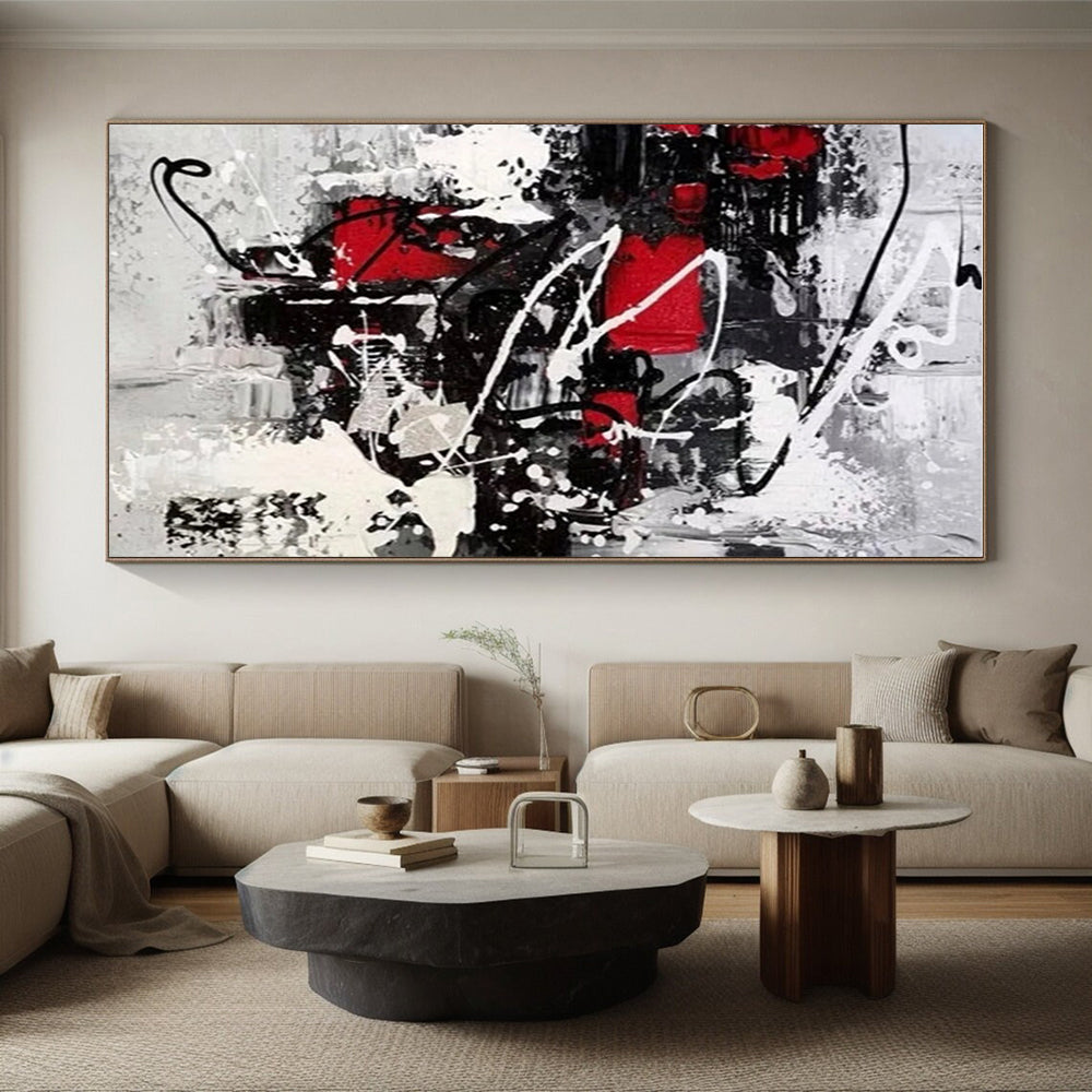 Hand-Painted Red, Black & White Gestural Abstract, Acrylic Modern Art Painting HS270