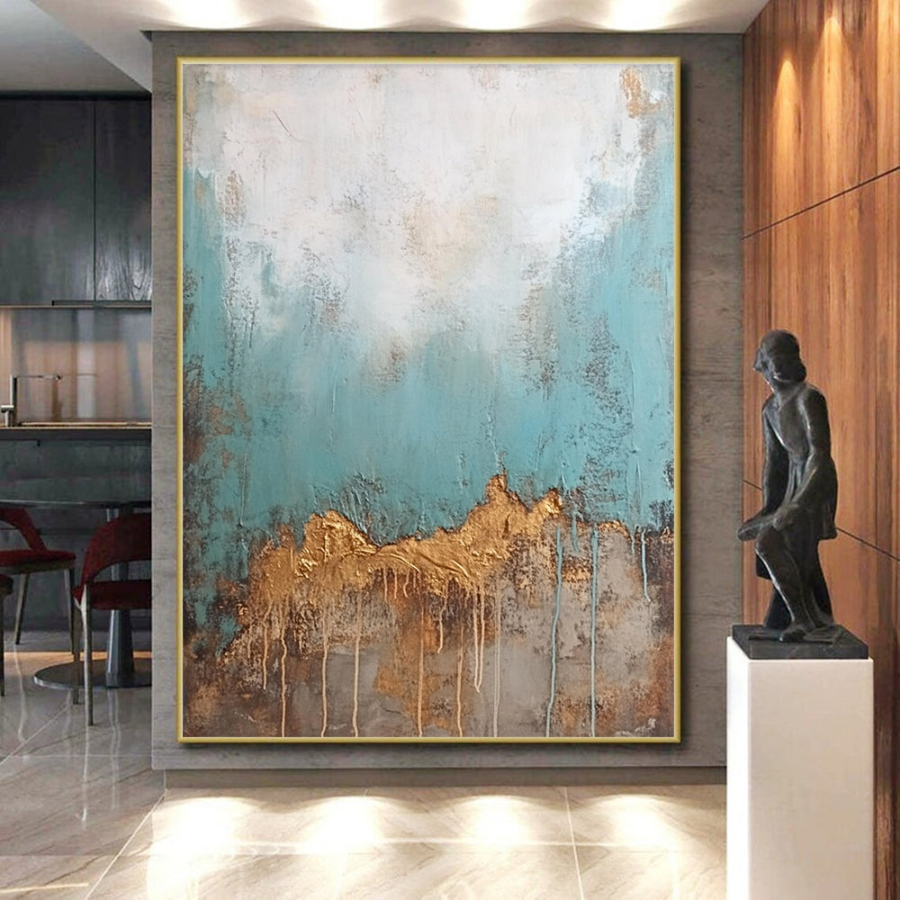 Hand Painted Art Teal, Gold, and Brown Abstract Textured Painting For Sale HS149