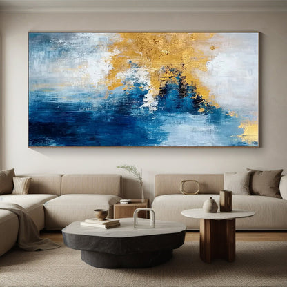 Gaint Canvas Art Blue, Gold & White Textured Abstract, Oversized Abstract Wall Art HS226
