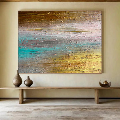 Gold, Teal, Gray Abstract Textured Striped Art For Sale WB392