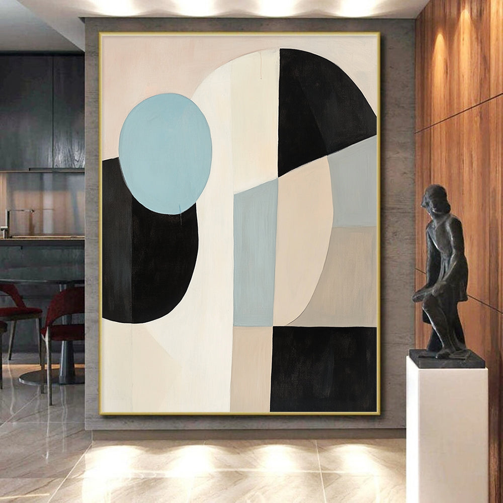 Handmade Art Beige, Black, and Blue Abstract Geometric Painting For Sale HS167
