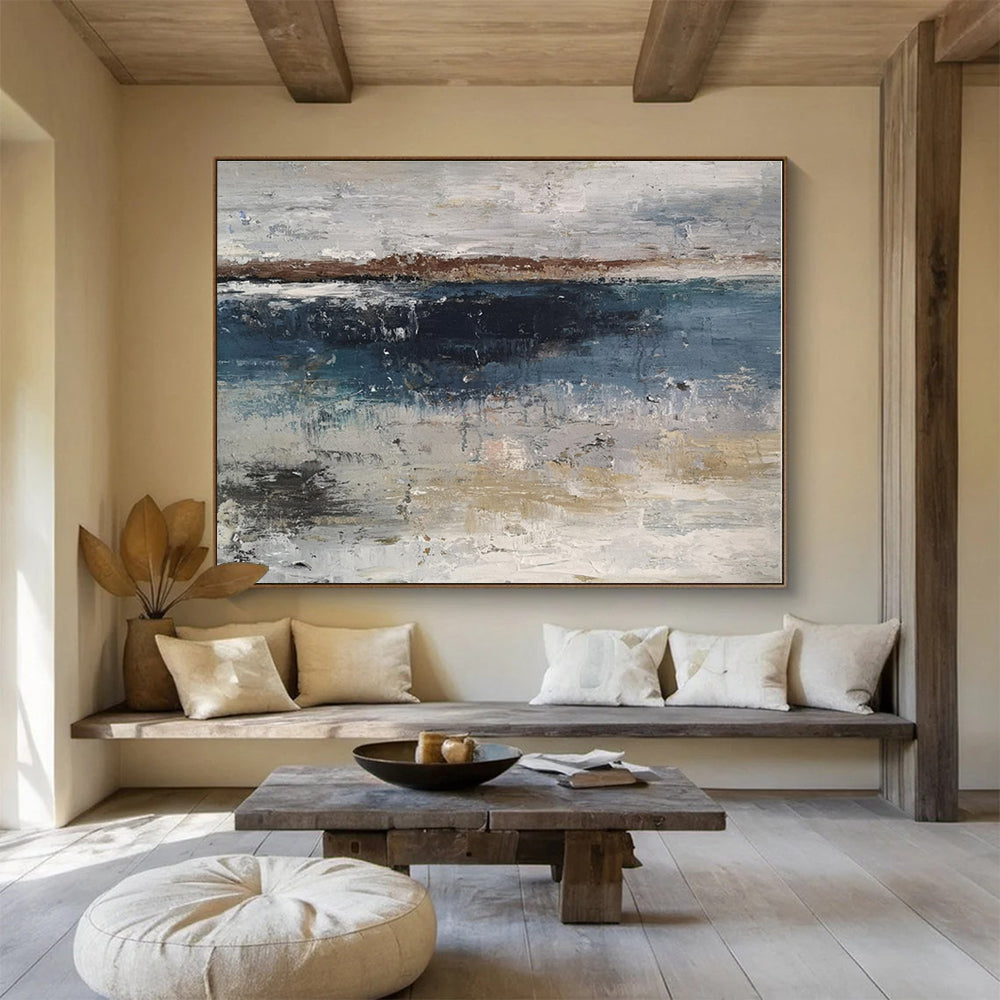 Oversized Canvas Art Blue, Gray and Beige Abstract Landscape Painting WB077