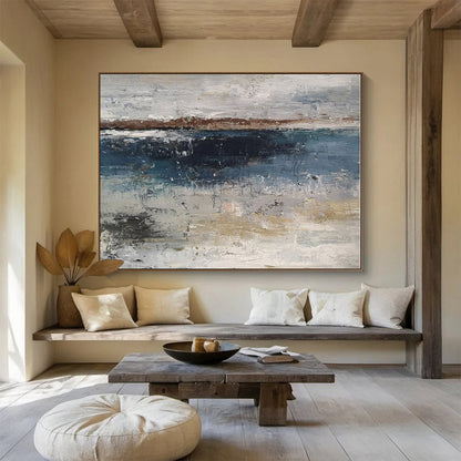 Oversized Canvas Art Blue, Gray and Beige Abstract Landscape Painting WB077