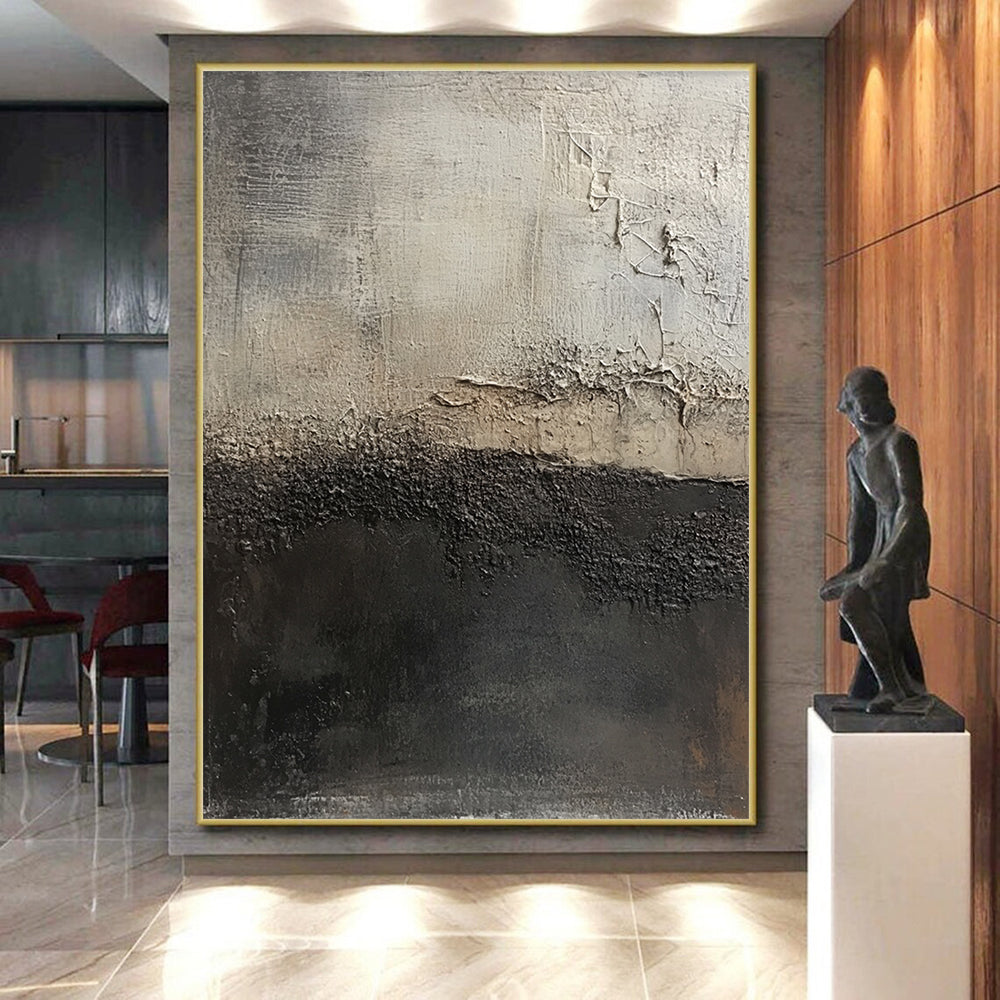 Hand-Painted Black and Gray Textured Abstract Landscape Art HS185