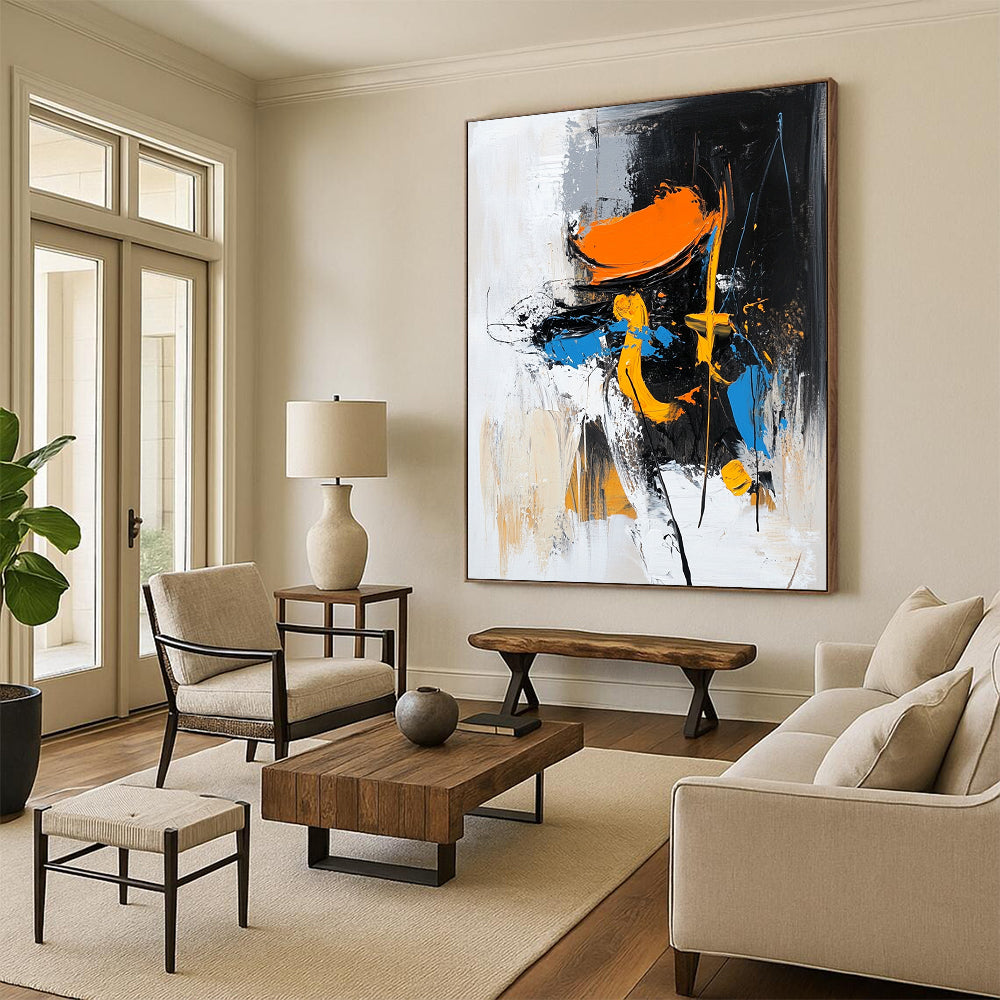 Acrylic Modern Art Paintings Black, White, Orange, and Blue Abstract Expressive Painting For Sale HS144