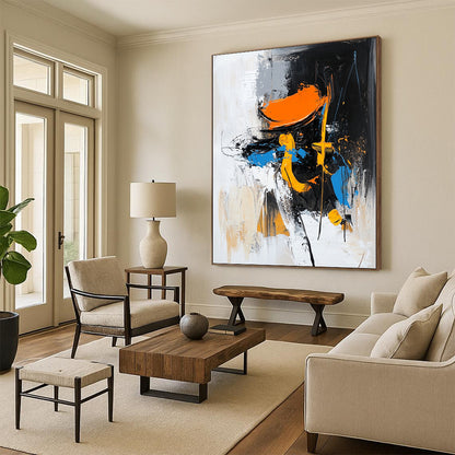 Acrylic Modern Art Paintings Black, White, Orange, and Blue Abstract Expressive Painting For Sale HS144