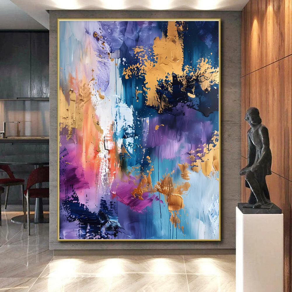 Gaint Canvas Art Purple, Gold & Blue Splatter Abstract, Oversized Abstract Wall Art HS255