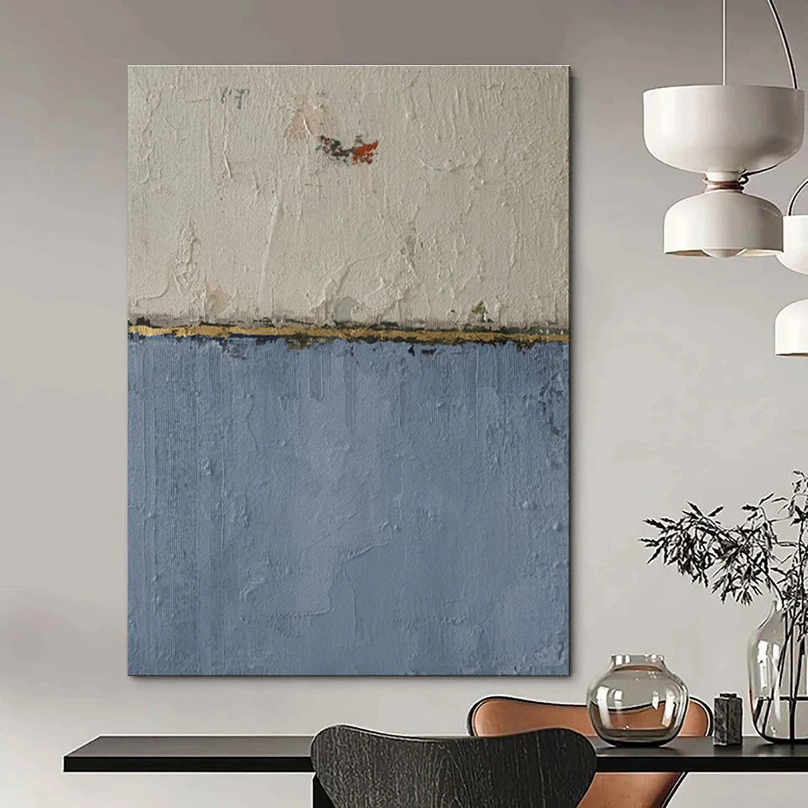 White, Blue, and Gold Textured Abstract Painting For Sale WS509