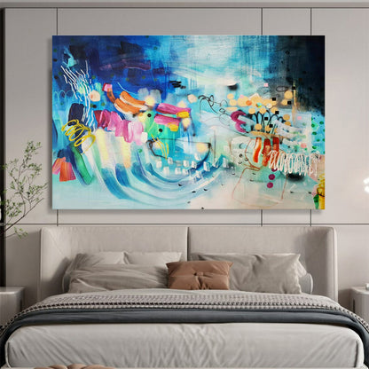 Contemporary Abstract Painting Vibrant Blue and Multicolor Whimsical Abstract Painting WB334