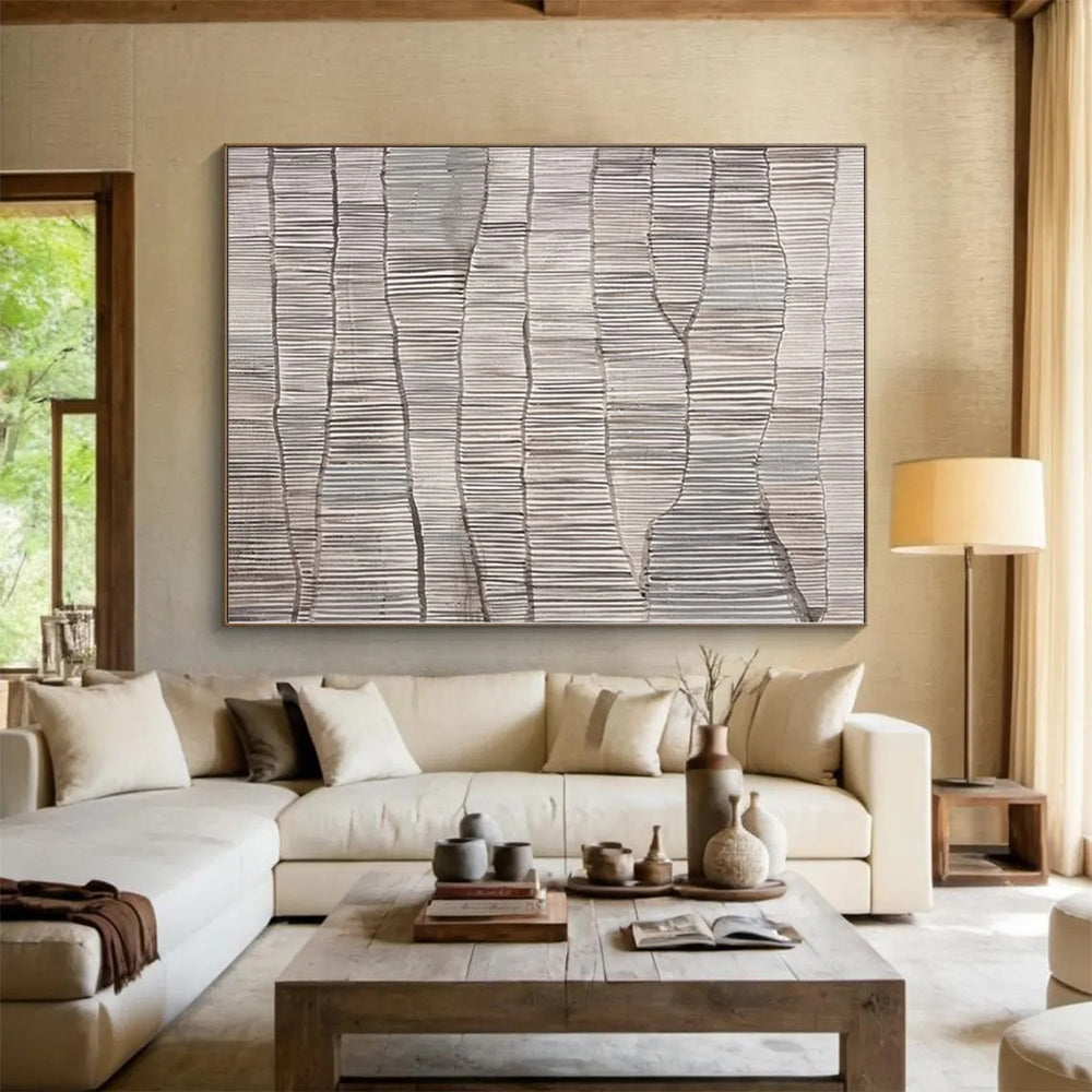 Hand-Painted Gray and White Textured Abstract Linear Painting For Sale HS016