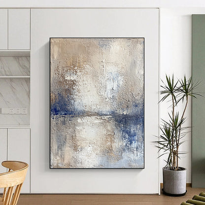 Hand Painted Art Beige and Blue Abstract Textured Landscape Painting For Sale HS123