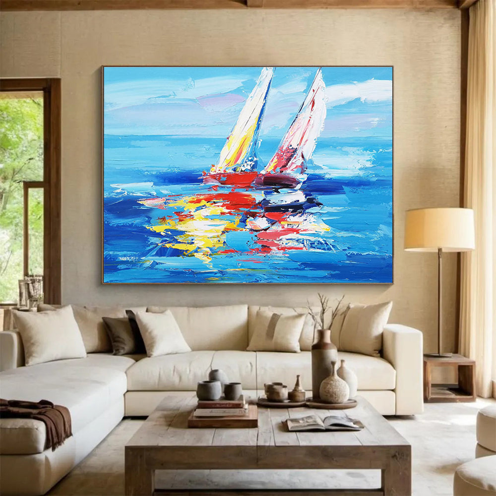 Oversized Canvas Art in Blue and Multicolor Sailboat Abstract Style WB232