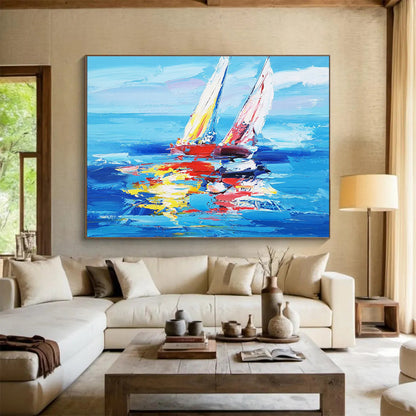 Oversized Canvas Art in Blue and Multicolor Sailboat Abstract Style WB232
