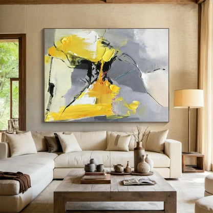 Hand-Painted Acrylic Modern Art Paintings with Yellow, Gray, Black Energetic Forms - Large Contemporary Wall Art HS526