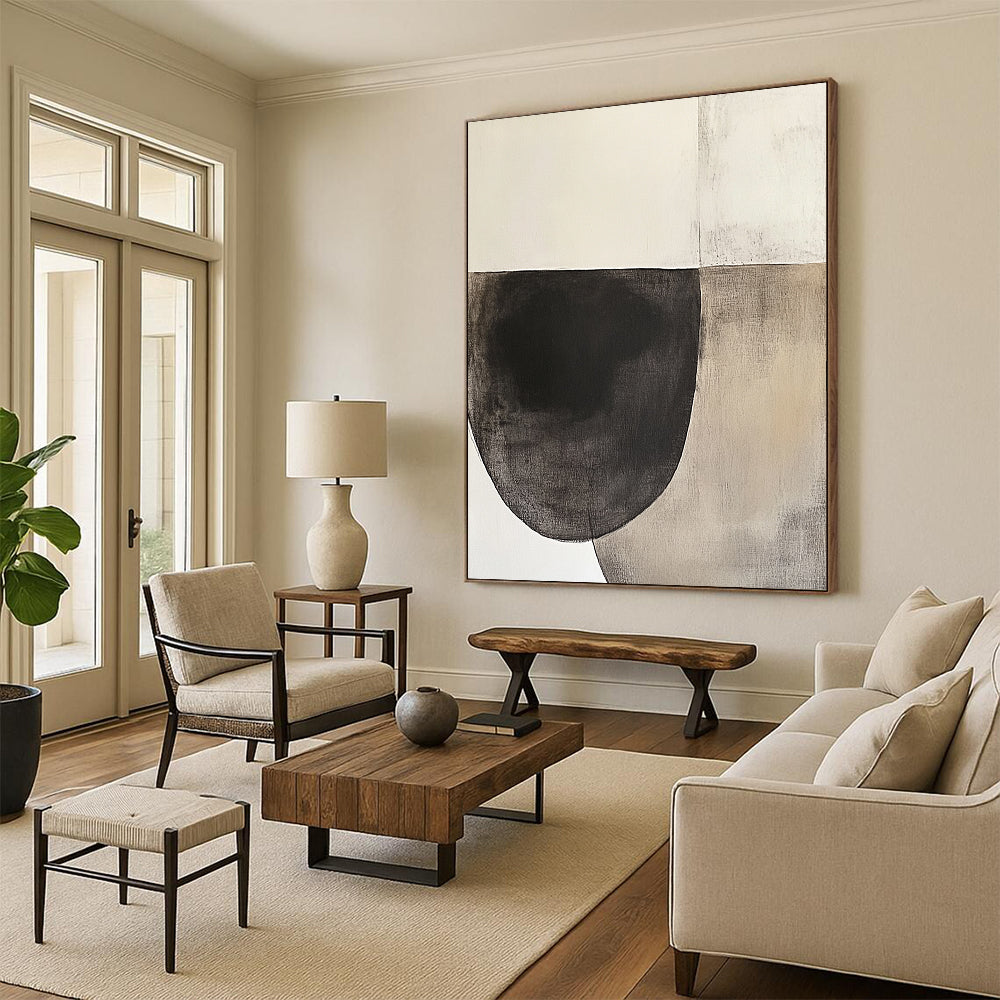 Oversized Abstract Wall Art Black, White, and Beige Abstract Organic Shape Painting For Sale HS156