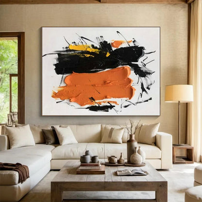 Handmade Art Unique Abstract Art with Black, Orange, Yellow Expressive Brushstrokes - Acrylic Modern Art Painting HS522