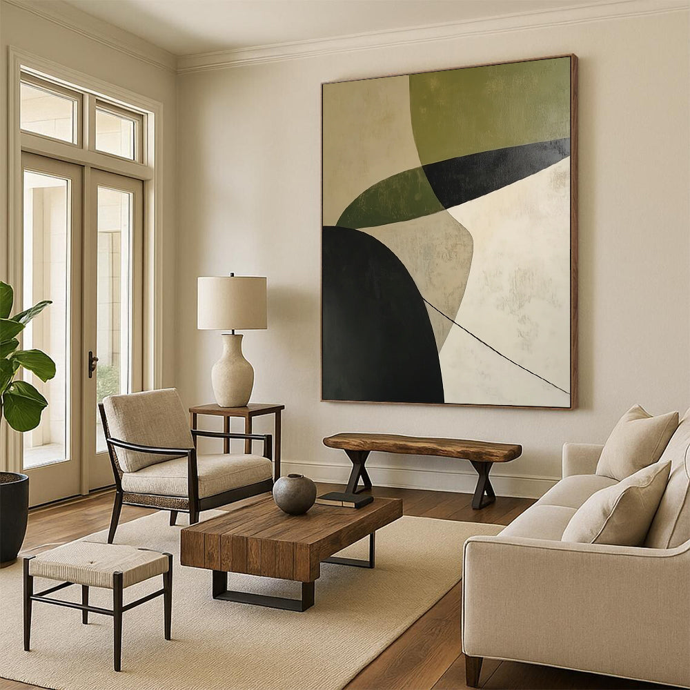 Handmade Art Green, Black, and Beige Geometric Abstract Art HS188