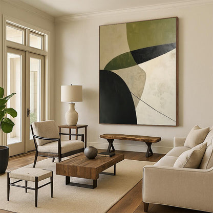 Handmade Art Green, Black, and Beige Geometric Abstract Art HS188