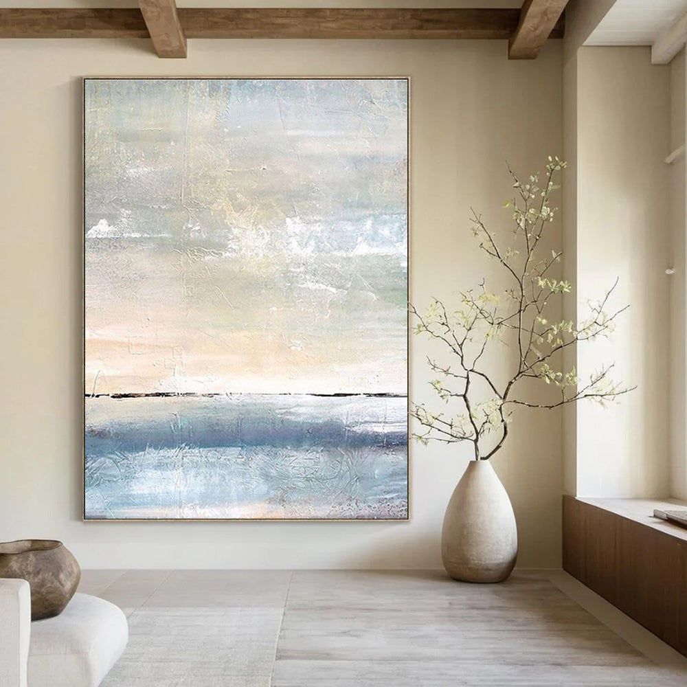 Light Blue, Beige, and White Textured Abstract Seascape Painting For Sale Online WS471