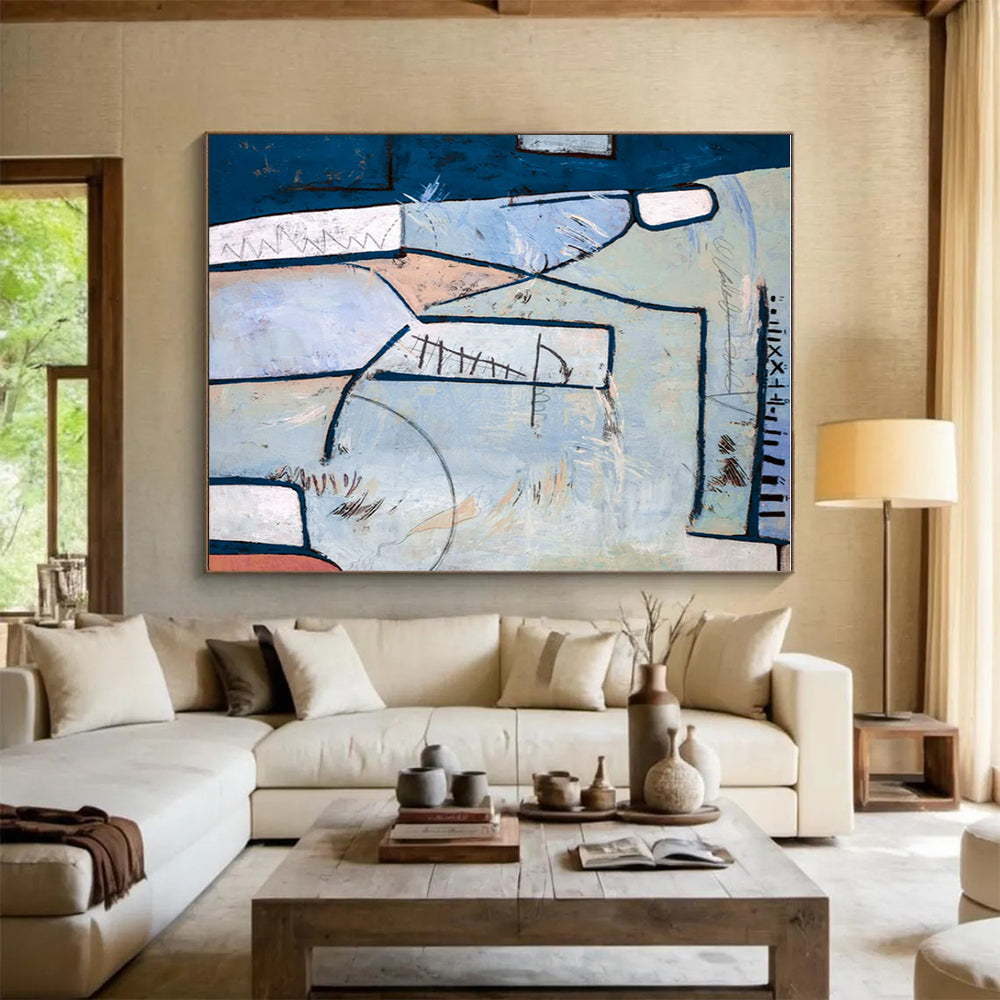 Unique Abstract Art Blue, Beige, and Red Geometric Abstract Painting On Canvas HS827