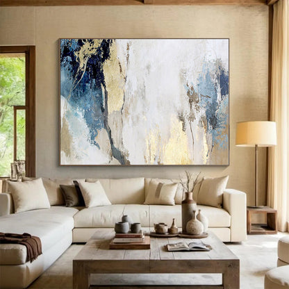 Blue, White, Gold Abstract Painting – Textured Acrylic Art WB042